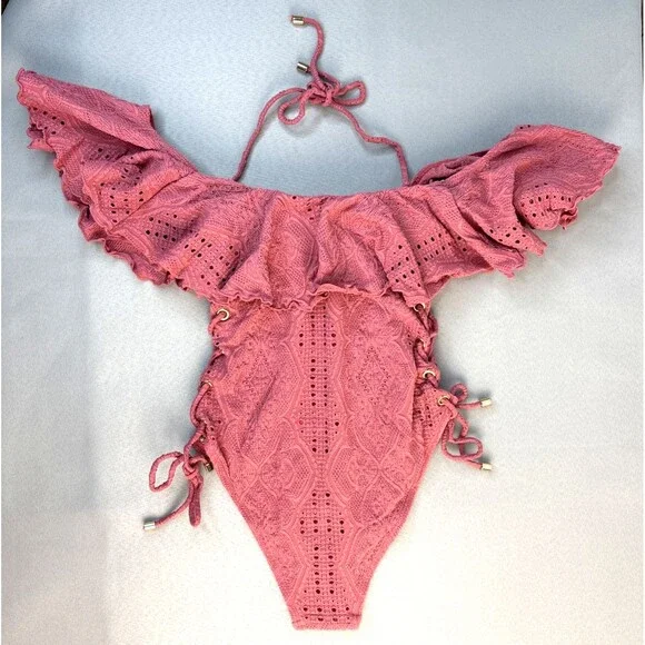New Pink Swimsuit One Piece Lucia Ruffle Off Shoulder Side Tie Lined S-XL $170 - Picture 14 of 16